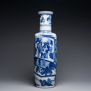 Een grote Chinese blauw-witte rouleauvaas met 'Guo Ziyi 郭子儀拜壽' decor, Kangxi — foto 1