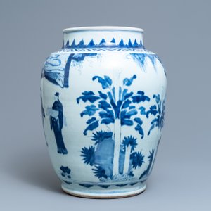 Een grote Chinese blauw-witte vaas met figuratief decor, Transitie periode — foto 4