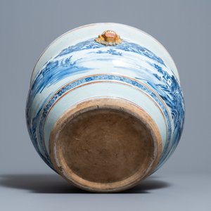 Een grote Chinese blauw-witte viskom met landschapsdecor, Qianlong — foto 6