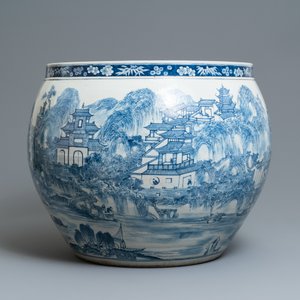 Een grote Chinese blauw-witte vissenkom met landschapsdecor rondom, Qianlong — foto 4