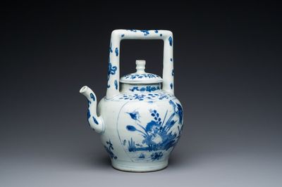 Een grote Chinese blauw-witte wijnkan met een kraanvogel bij een lotusvijver, Transitie periode