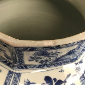 Een grote Chinese blauwwitte dekselvaas met floraal decor in vakverdeling, Kangxi — foto 14