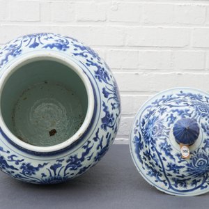 Een grote Chinese blauwwitte dekselvaas met lotusslingers, Kangxi — foto 24