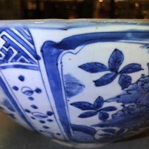 Een grote Chinese blauwwitte kraakporseleinen kom met florale vakverdeling, Wanli — foto 24