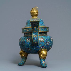Een grote Chinese cloisonné wierookbrander met deksel, 18/19e eeuw — foto 4