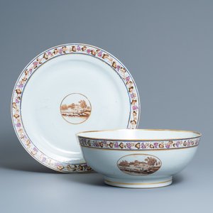 Een grote Chinese famille rose exportporseleinen kom met bijhorende schotel, Qianlong — foto 1