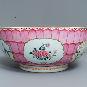 Een grote Chinese famille rose 'lotus' kom met mandarijns decor, Qianlong — foto 4