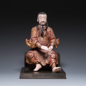 Een grote Chinese gelakte en gepolychromeerde houten sculptuur van Guandi, 18e eeuw — foto 2