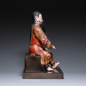 Een grote Chinese gelakte en gepolychromeerde houten sculptuur van Guandi, 18e eeuw — foto 3
