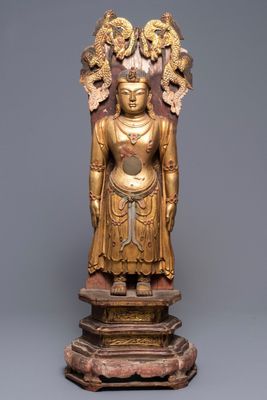 Een grote Chinese verguld houten figuur van Boeddha, 19e eeuw