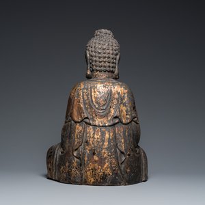 Een grote Chinese vergulde houten Boeddha, Qing — foto 3