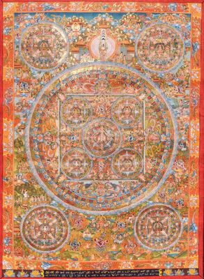 Een grote en fijne 'mandala' thangka met inscriptie en tekening achteraan, Tibet, 19e eeuw