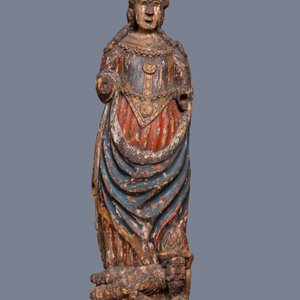 Een grote gepolychromeerde eikenhouten figuur van Catharina van Alexandrië, 16e eeuw — foto 2