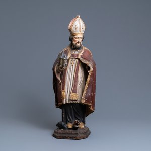 Een grote gepolychromeerde houten figuur van Sint-Amand, 17e eeuw — foto 1