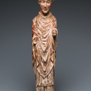 Een grote gepolychromeerde houten sculptuur van een heilige, Spanje of Italië, 14e eeuw — foto 2