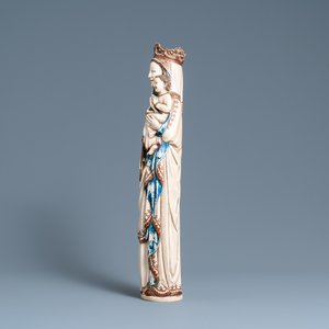 Een grote gepolychromeerde ivoren figuur van een Madonna met kind, Frankrijk, 19e eeuw — foto 5