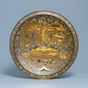 Een grote Japanse bronzen schotel, gesign. Miyao, Meiji, 19e eeuw — foto 1