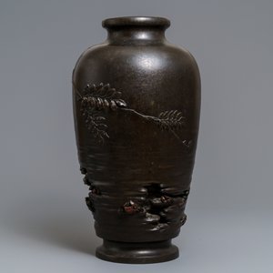 Een grote Japanse bronzen vaas met krabvissende kinderen, zegelmerk, Meiji, 19e eeuw — foto 3