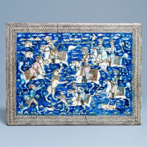 Een grote polychrome rechthoekige tegel met een jachtscène, Qajar, Iran, 19de eeuw — foto 1