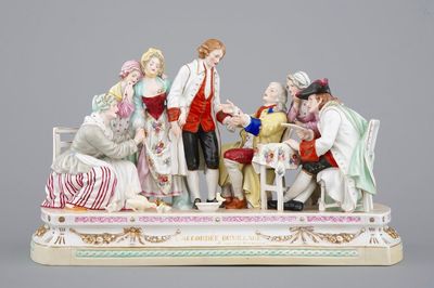 Een grote porseleinen groep, "L'accordee du village", 19/20e eeuw, naar J-B Greuze