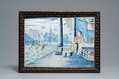 Een grote rechthoekige polychrome Delftse plaquette, Friesland, 18e eeuw