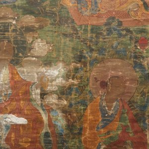 Een grote Sino-Tibetaanse thangka met decor van 'Drie Arhats',  18e eeuw — foto 3