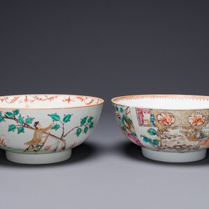 Een in Nederland gedecoreerde Chinese kom en een Canton famille rose kom met mandarijns decor, Qianlong — foto 2