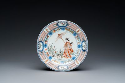 Een Japans Imari bord met 'Parasoldames' naar Cornelis Pronk, Edo, 18e eeuw