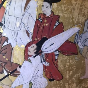 Een Japans tweedelig beschilderd byobu scherm met reizigers in een landschap, Edo, 17/18e eeuw — foto 36