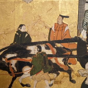 Een Japans tweedelig beschilderd byobu scherm met reizigers in een landschap, Edo, 17/18e eeuw — foto 5