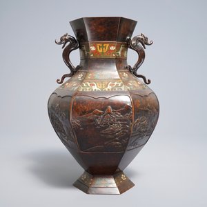 Een Japanse bronzen champlevé vaas met landschapsdecor, reliëfmerk, 19e eeuw — foto 3