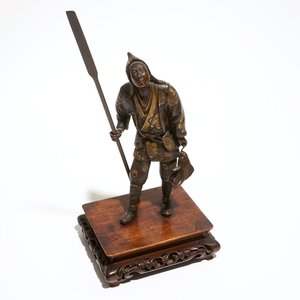Een Japanse bronzen figuur van een visser, gemerkt Miyao, op houten sokkel — foto 1