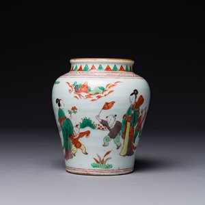 Een kleine Chinese wucai pot met figuren in een landschap, Transitie periode — foto 1