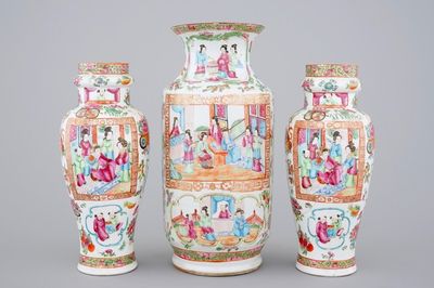 Een lot Canton famille rose porselein, 3 vazen en 3 kommen, 19e eeuw