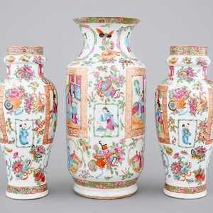 Een lot Canton famille rose porselein, 3 vazen en 3 kommen, 19e eeuw — foto 3