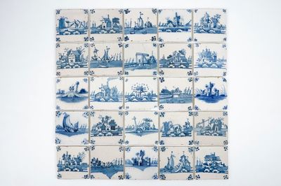 Een lot van 25 antieke blauw-witte Delftse landschaps tegels, 18e eeuw
