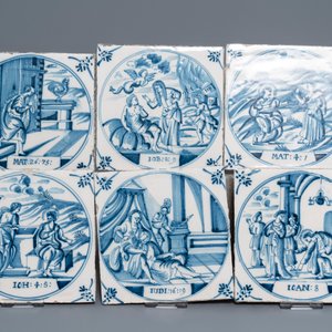 Een lot van 33 bijbelse blauw-witte en mangane Delftse tegels, 18e eeuw — foto 6