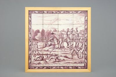 Een mangaan Delfts tegeltableau met de slag bij Quatre Bras, Waterloo, ca. 1820