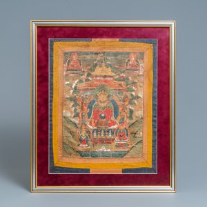 Een 'Medicijn Boeddha' thangka, Tibet, 17/18e eeuw — foto 1