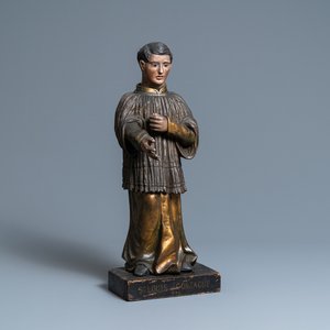 Een met glazen ogen bezette gepolychromeerde en vergulde houten figuur van Aloysius Gonzaga, Italië, 18e eeuw — foto 1
