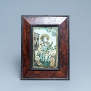 Een met vergulding, polychromie en zilverdraad opgehoogde gravure van Sint-Barbara, 17e eeuw — foto 1