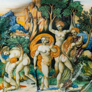 Een mythologische schotel in Italiaanse majolica met 'De transformatie van de maenaden' uit het Lanciarini servies, Urbino, 16e eeuw — foto 3