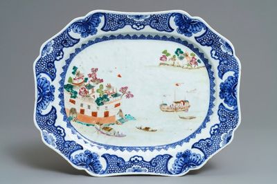 Een octagonale Chinese famille rose 'Fort Folly’ schotel, Qianlong