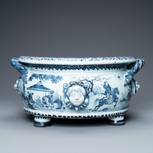 Een ovale blauw-witte Delftse jardinière met chinoiserie decor, eind 17e eeuw — foto 4