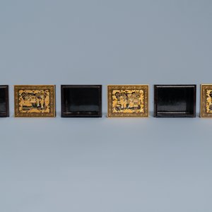 Een overcomplete Chinese spellendoos in deels verguld lakwerk met parelmoeren accessoires, Canton, 19e eeuw — foto 26