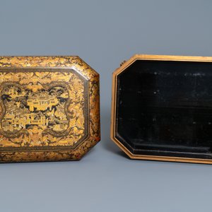 Een overcomplete Chinese spellendoos in deels verguld lakwerk met parelmoeren accessoires, Canton, 19e eeuw — foto 38