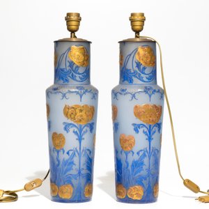Een paar Art Nouveau glaspasta vazen tot lampen omgevormd, wellicht Frankrijk, 19/20e eeuw — foto 3