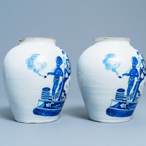Een paar blauw-witte Delftse tabakspotten met indianen, 18e eeuw — foto 5