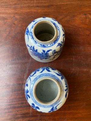 Een paar Chinese blauw-witte belvormige waterpotten met floraal decor, Kangxi — foto 3