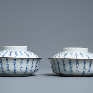 Een paar Chinese blauw-witte 'Bleu de Hue' dekselkommen voor de Vietnamese markt, 19e eeuw — foto 5